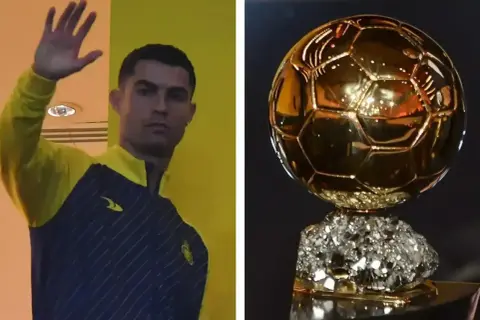 Cristiano Ronaldo wita kibiców, obok złota piłka. Ile złotych piłek ma Ronaldo? Pięć.