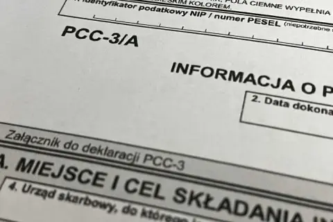 Fragment deklaracji PCC-3/A z informacją o podatku od czynności cywilnoprawnych.