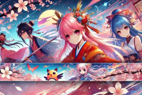 Anime-Charaktere mit Kirschblüten und Mond. Ein Junge mit Schwert, ein Mädchen mit rosa Haaren und ein Mädchen mit blauen Haaren.