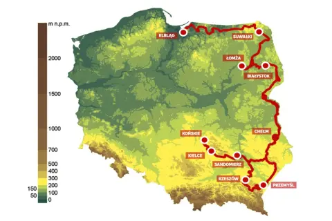 Mapa Polski z zaznaczonym wschodnim szlakiem rowerowym, biegnącym przez Elbląg, Suwałki, Białystok, Chełm, Rzeszów i Przemyśl.