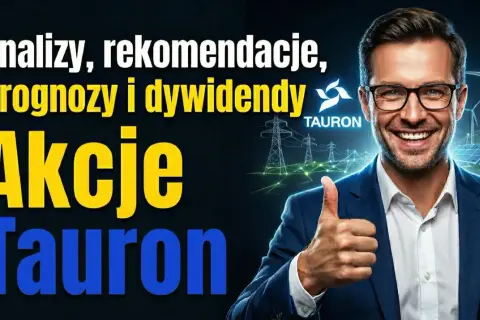 Analizy, prognozy i dywidendy. Akcje Tauron – dobra inwestycja? Mężczyzna z kciukiem w górę na tle farm wiatrowych i paneli słonecznych.