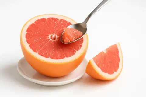 Un pompelmo tagliato a metà, pronto per essere gustato con un cucchiaino. Perfetto per mangiare pompelmo la sera, un fresco spuntino.