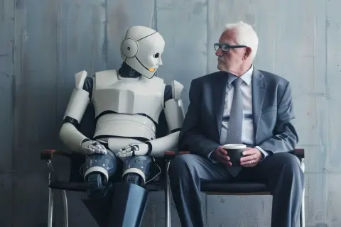 Un uomo anziano in giacca e cravatta e un robot siedono vicini, riflettendo sul futuro del lavoro. La "great resignation" è una traduzione che descrive questo cambiamento.