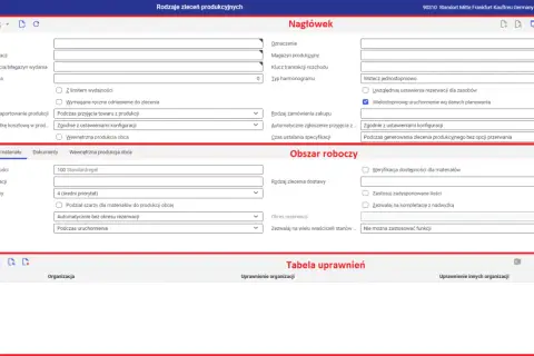 Formularz zlecenia produkcyjnego, gdzie można ustawić wzór zlecenia, jego nagłówek, obszar roboczy i uprawnienia.