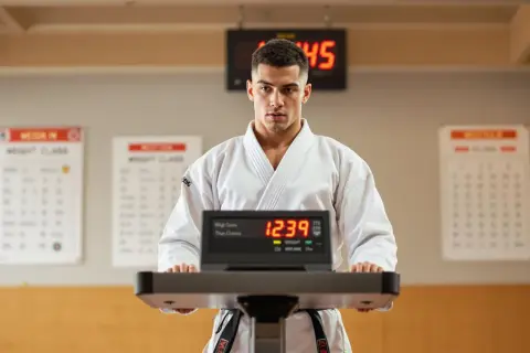 A martial artist in a white gi stands before a digital scale, ready for his weigh in. The scale displays "12:39" and "WEIGHT".
