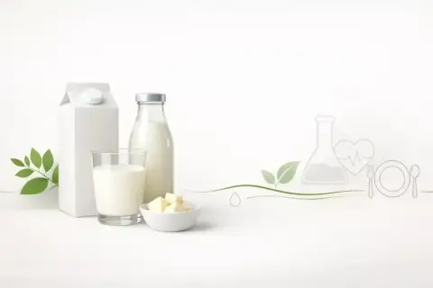 Mleko UHT w kartonie i butelce, szklanka mleka, masło. Grafika symbolizuje zdrowie i badania, sugerując pytanie: czy mleko UHT jest zdrowe?