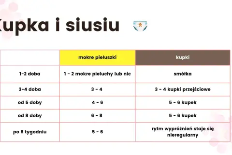 Tabela pokazuje, ile pieluszek moczy noworodek w zależności od wieku, od 1-2 doby do 6 tygodnia.