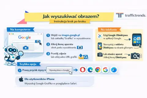 Instrukcja krok po kroku, jak wyszukać po zdjęciu w Google. Pokazuje opcje na komputerze i telefonie, w tym użycie Google Obiektywu.