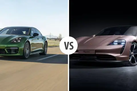 Zielony Porsche Panamera kontra różowy Porsche Taycan, pierwszy porsche elektryczne.