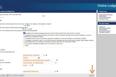 Formulario de solicitud de visa de trabajo y vacaciones para Australia. Se marca la opción de prueba de inglés.