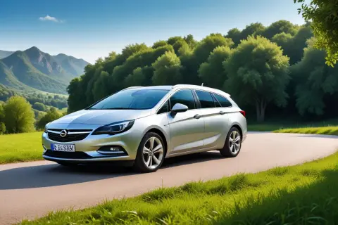 Silver Opel Astra Sports Tourer på en landsväg, omgiven av gröna kullar och träd. Kanske ett problem med bilen?