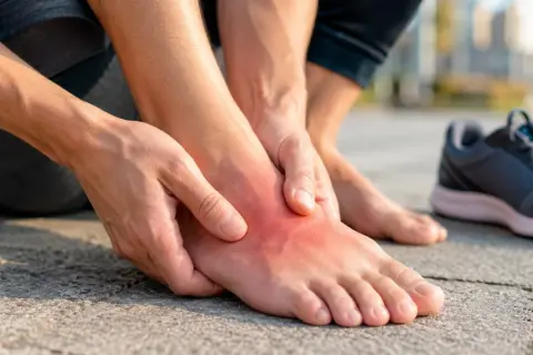 Schmerzende Wade, die auf eine Überlastung des **extensor digitorum longus** Muskels hindeutet. Ein Laufschuh liegt daneben.