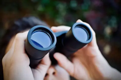 Mani che stringono un binocolo, pronte a esplorare il mondo con uno sguardo più attento.