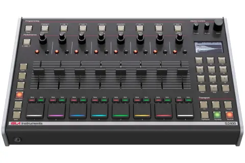 The Isla S2400 sampler, a powerful music production tool, features a sleek black design with numerous buttons, knobs, and sliders for creative control.