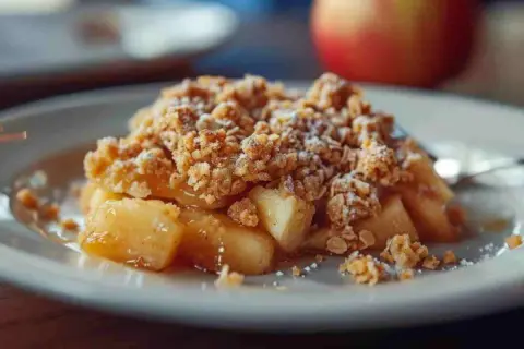 Ein Teller mit warmem Apfel Crumble, bestreut mit Puderzucker. Die Äpfel sind weich und saftig, die Kruste knusprig.