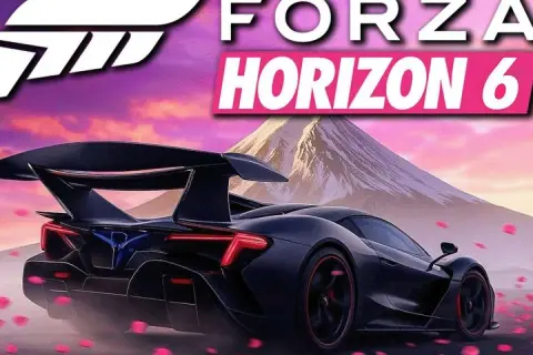 Czarny supersamochód pędzi pośród płatków róż, a w tle widać górę i napis Forza Horizon 6 premiera.