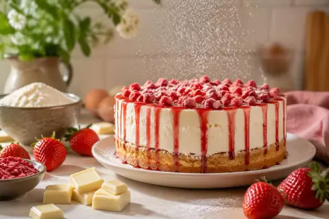 Ein köstlicher Muttertagskuchen mit Erdbeeren, der mit Puderzucker bestäubt wird. Zutaten wie frische Erdbeeren, weiße Schokolade und Mehl sind zu sehen.
