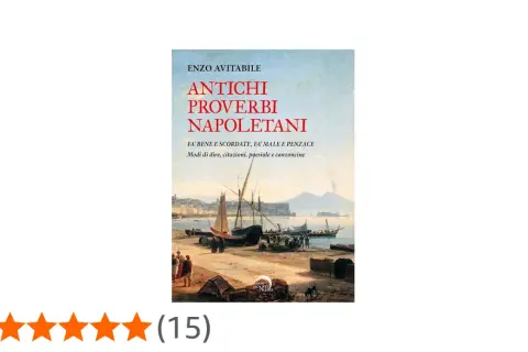 Copertina del libro "Antichi proverbi napoletani" di Enzo Avitabile, con un paesaggio marittimo e il Vesuvio sullo sfondo. Un'immersione nei proverbi napoletani sull'invidia.