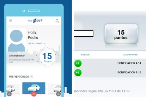 Pantalla de la app Mi DGT muestra "Hola, Pedro" y "15 puntos". A la derecha, un resumen de cómo saber los puntos que tengo, con bonificaciones.