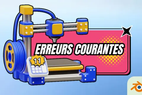 Une imprimante 3D bleue et jaune crée des lettres en plastique 3D. Le texte "ERREURS COURANTES" est affiché.