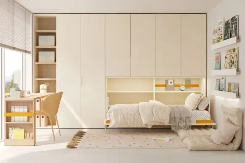 Acogedor dormitorio juvenil con cama, escritorio y amplios armarios. Un espacio perfecto para estudiar y descansar.