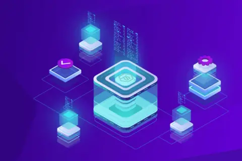 Serveurs connectés, un symbole JS au centre, prêt pour un `pm2 install`.