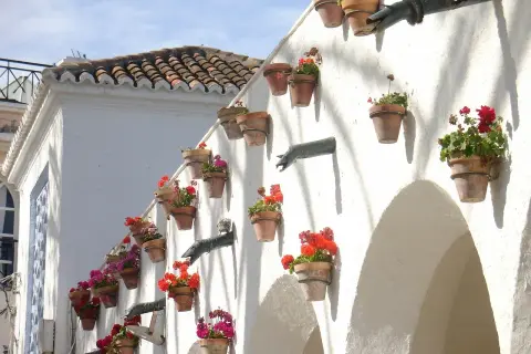 Maceteros de flores adornan una pared blanca, un rincón romántico para saber qué hacer en Nerja en pareja.