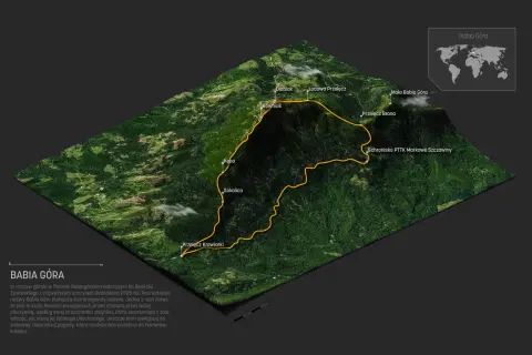 Trójwymiarowa mapa turystyczna Babiej Góry z zaznaczoną trasą i nazwami szczytów, m.in. Sokolica.