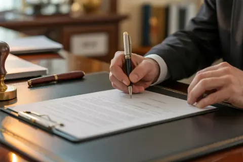 Mann in Anzug unterschreibt Dokumente, die eine Vollmacht für den Hausverkauf darstellen. Ein Siegel und ein Stift liegen bereit.
