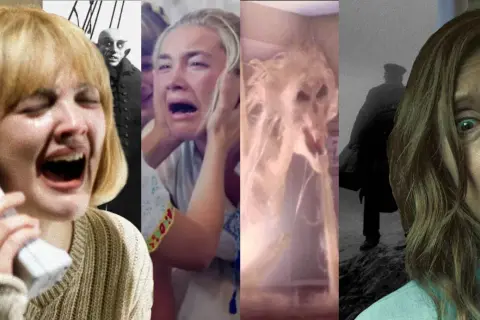 Kadr z popularnych horrorów: przerażone twarze, wampir, duch i sylwetka w mgle.