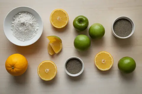 Ingrédients pour remplacer la pectine NH : poudre blanche, citrons, pommes vertes, graines de chia.