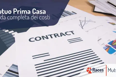 Documenti e grafici su un tavolo, con la scritta "CONTRACT" in primo piano. Si parla di mutuo prima casa e del costo compromesso notaio.