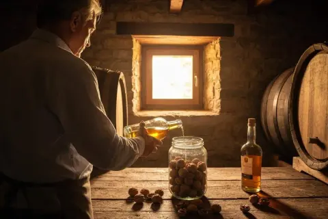 Un homme prépare du vin de noix dans une cave rustique, versant un liquide ambré dans un bocal rempli de noix.