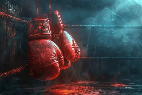 Red boxing gloves hang in a smoky ring, ready for a fight. In boxing, RTD means "Retired.