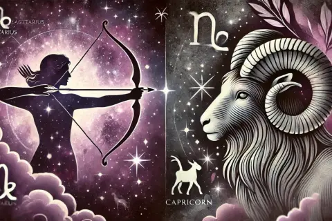 Dwa znaki zodiaku: Strzelec z łukiem i Koziorożec, symbolizujące grudzień znak zodiaku.