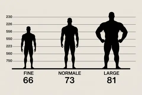 Silhouettes d'hommes de différentes morphologies. Pour 1m80, quel poid ? Fine (66kg), Normale (73kg), Large (81kg).