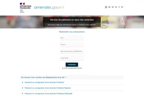 Page de paiement des amendes. Recherchez vos contraventions, y compris une amende forfaitaire, via ce service sécurisé.