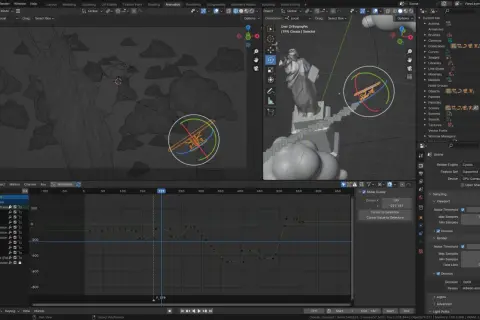 Intro do animacji samolotu wśród chmur, z widocznym wykresem ruchu i ustawieniami sceny w Blenderze.