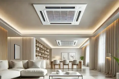 Un salon moderne avec un système de clim gainable plafond discret, un canapé blanc confortable et une bibliothèque murale.