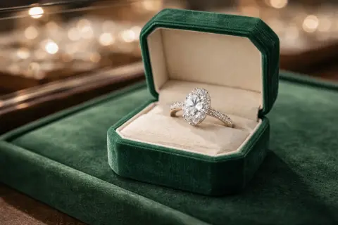 Anillo de compromiso ovalado con diamantes, uno de los tipos de anillos de pedida más elegantes, en su caja de terciopelo verde.
