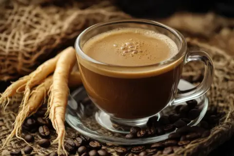 Tazza di caffè fumante con radici di ginseng e chicchi di caffè tostati. Il ginseng è un ingrediente che dona energia.