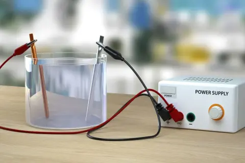 Eksperyment z elektrolizą wody: dwa elektrody zanurzone w szklance z wodą, podłączone do zasilacza.