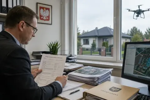 Urzędnik analizuje dokumenty dotyczące podatku od nieruchomości, podczas gdy dron monitoruje teren z góry.