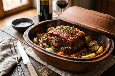 Saftiges Fleisch garen im Topf mit knuspriger Kruste, Kartoffeln, Karotten und Zwiebeln. Ein Festmahl!