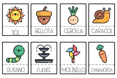 Tarjetas con dibujos de sol, bellota, cebolla, caracol, gusano, fuente, molinillo y zanahoria. Vocabulario de primavera para aprender.