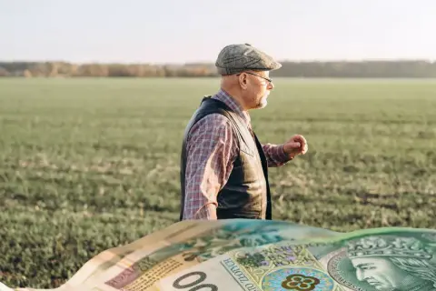 Rolnik w polu zastanawia się, ile wynosi emerytura z KRUS. Na pierwszym planie polskie banknoty.