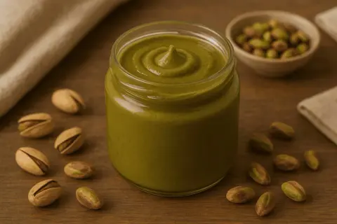 Vasetto di cremosa pasta di pistacchio, circondato da pistacchi sgusciati e con guscio.