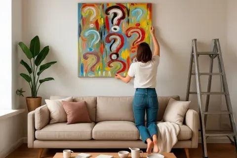 A woman hangs a colorful, question-mark-filled painting, pondering how to choose art for her home.