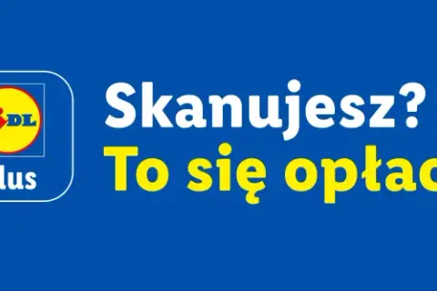 Logo Lidl Plus i napis "Skanujesz? To się opłaca." zachęcają do korzystania z aplikacji Lidl.