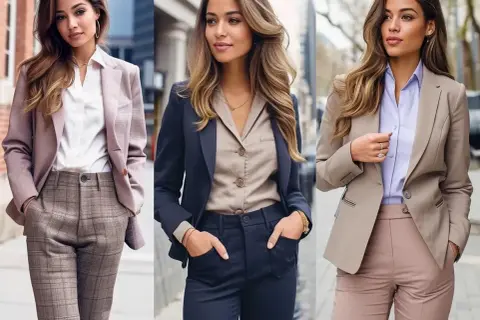 Trzy kobiety w eleganckich, ale każualowych stylizacjach biznesowych. Każda prezentuje inny zestaw marynarki i spodni.